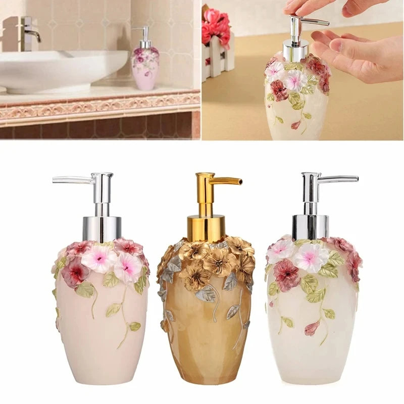 Dispenser de sabão recarregável com bomba 3D – Flor de jardim – Garrafa de resina para sabonete ou desinfetante – Design clássico para cozinha e banheiro