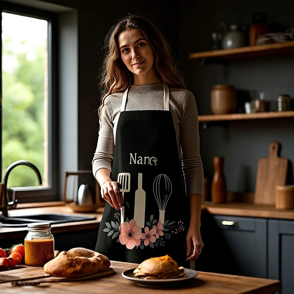 Aventais personalizáveis com nome ou texto – Estampa de flores, design artesanal – Ideal para cozinha, festas e trabalhos manuais, com estilo e personalidade para uso doméstico