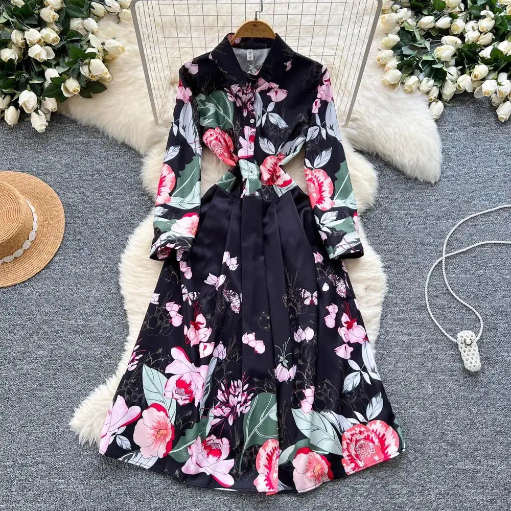 Moda high-end sentimento vestido elegante estilo tribunal europeu longo impresso emagrecimento novo design feminino sensação retro verão