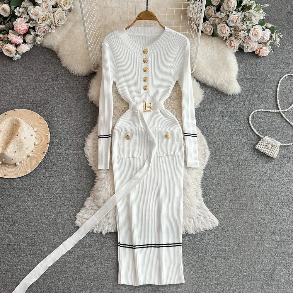 Vestido feminino 2025 outono inverno elegante costela malha longo lápis vestido com cinto senhora do escritório bodycon camisola vestido vestidos