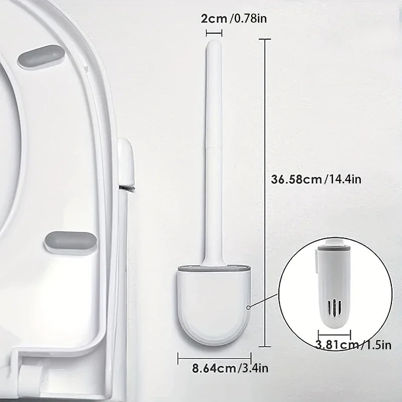 Escova de banheiro de silicone suspensa – Cabo longo e flexível – Escova de limpeza com suporte de secagem rápida – Acessório prático para banheiro