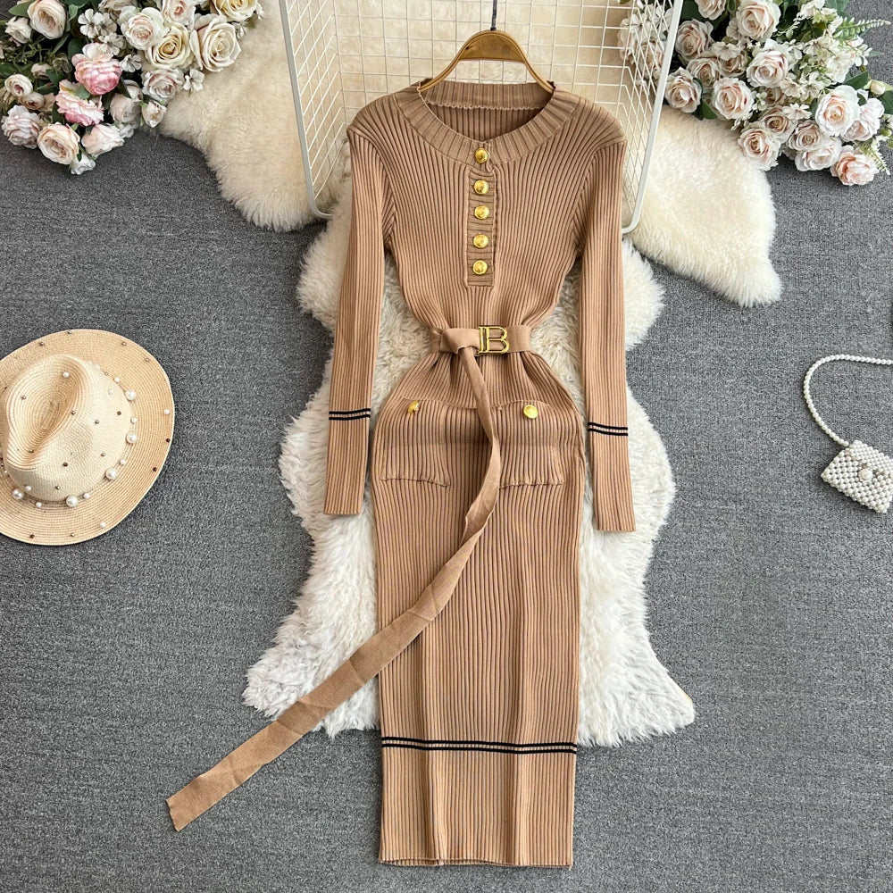 Vestido feminino 2025 outono inverno elegante costela malha longo lápis vestido com cinto senhora do escritório bodycon camisola vestido vestidos