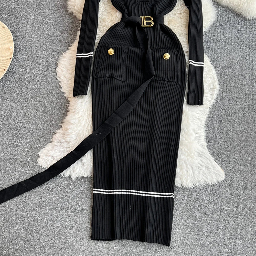 Vestido feminino 2025 outono inverno elegante costela malha longo lápis vestido com cinto senhora do escritório bodycon camisola vestido vestidos