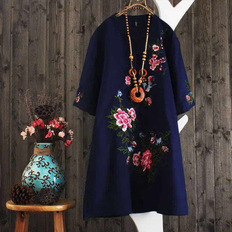 Vestido bordado feminino, Saia solta de manga curta, Vestidos verão