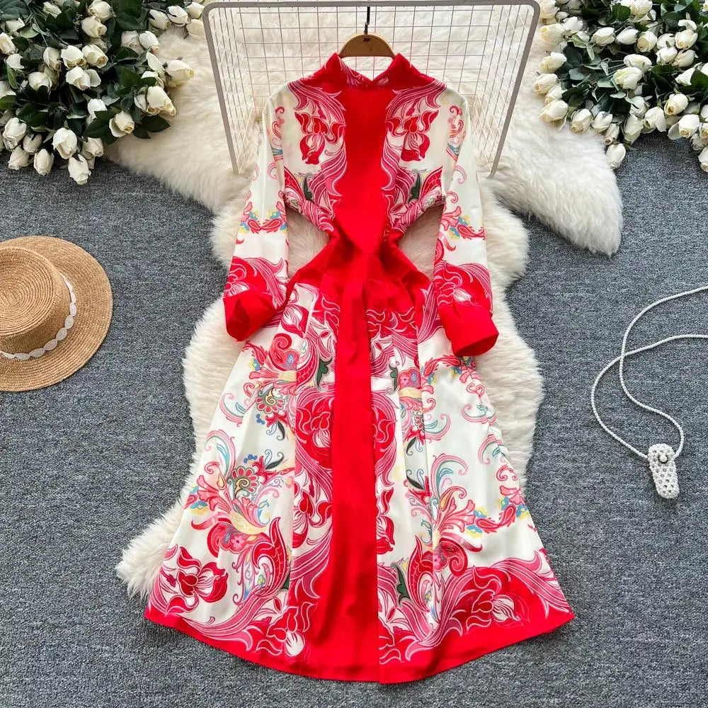 Moda high-end sentimento vestido elegante estilo tribunal europeu longo impresso emagrecimento novo design feminino sensação retro verão