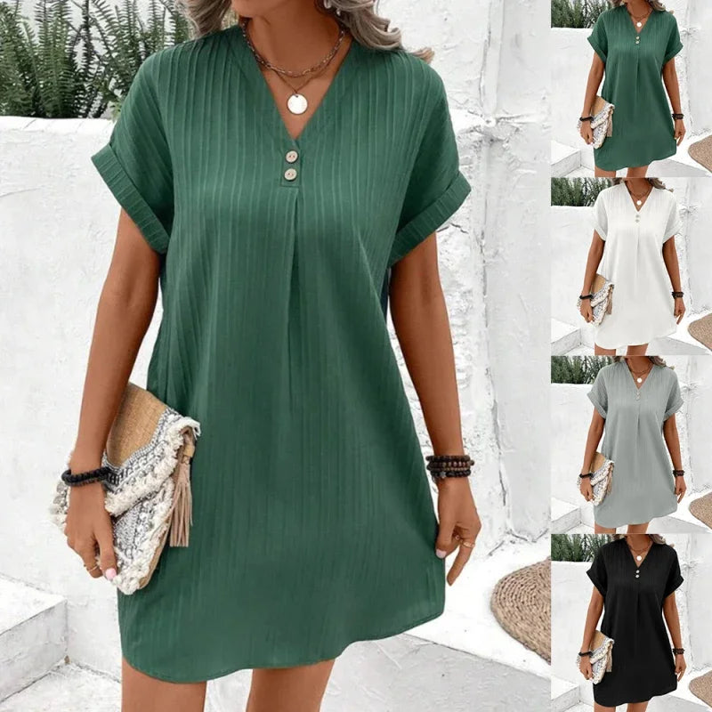 Vestido feminino solto com decote em v, manga curta, roupas de praia largas, vestido de verão monocromático, moda feminina