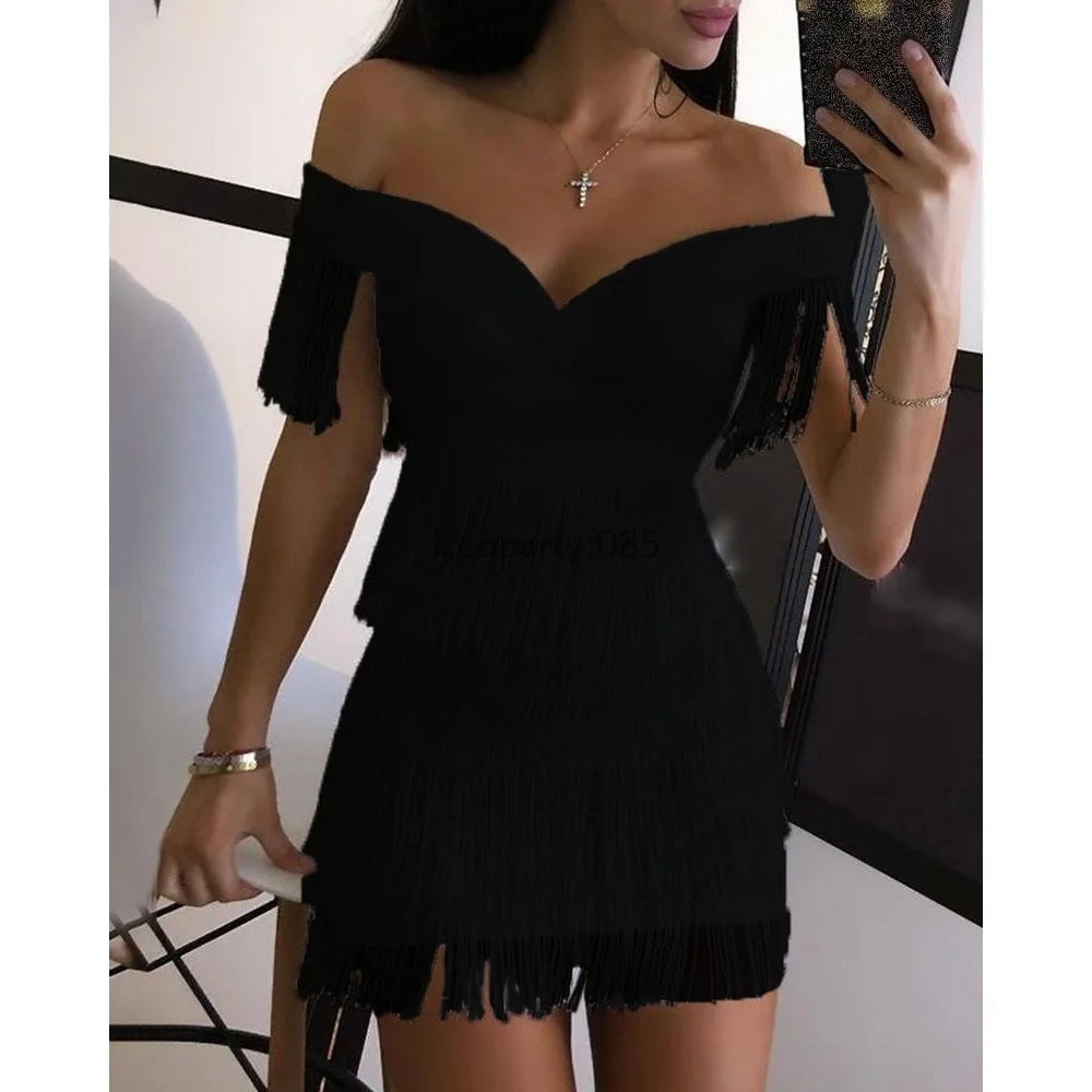 Mulheres vestidos de noite sexy grande decote em v um ombro franjas saia senhoras temperamento vestido fino manga curta clube vestido vestidos