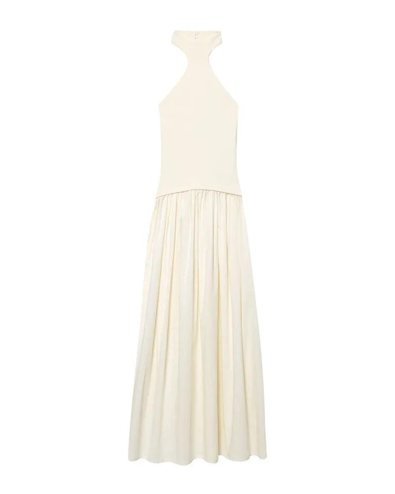 Vestido feminino novo verão 2025 branco halterneck painéis vestido sexy fora do ombro design elegante temperamento personalidade