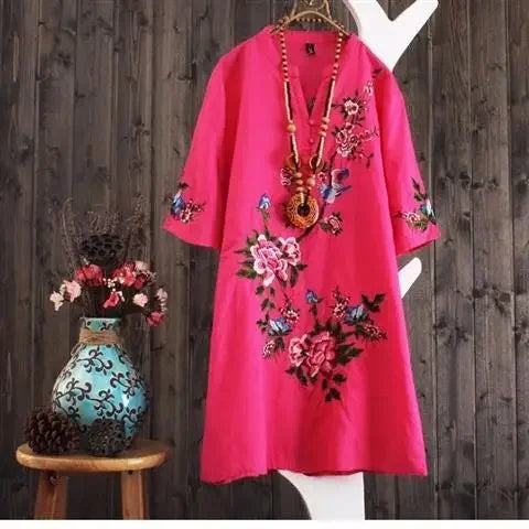 Vestido bordado feminino, Saia solta de manga curta, Vestidos verão