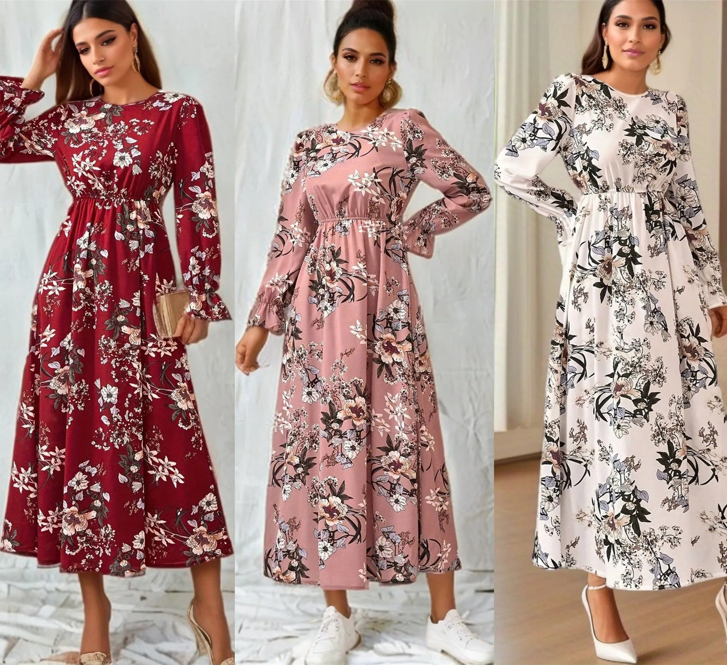 Feminino manga folhada com gola O Casual Vestido Longo, Eid, Vestidos Muçulmanos, Flores, Kaftan Marroquino, Vestido de Festa Ramadã, Árabe, Magro