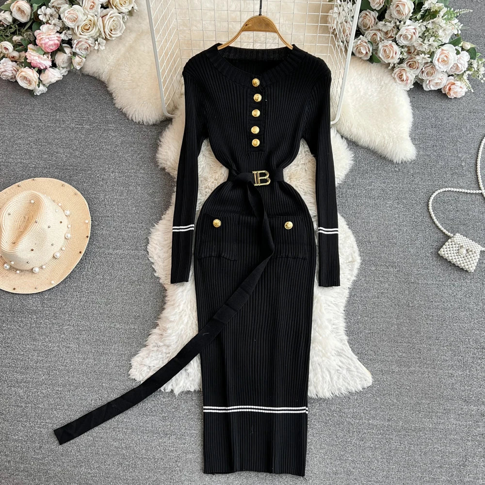 Vestido feminino 2025 outono inverno elegante costela malha longo lápis vestido com cinto senhora do escritório bodycon camisola vestido vestidos