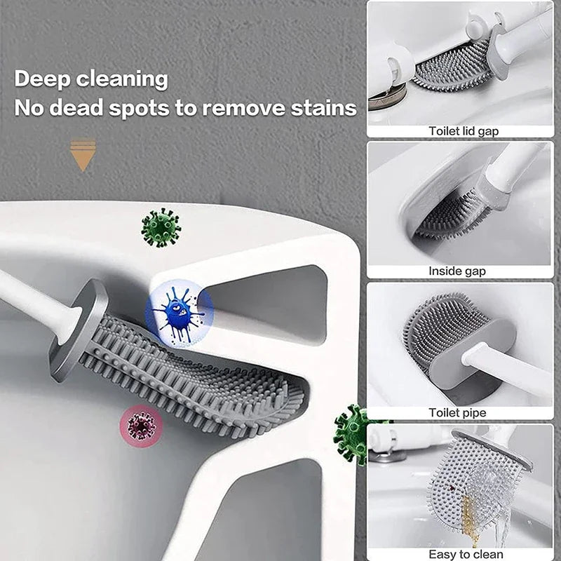 Escova de banheiro de silicone suspensa – Cabo longo e flexível – Escova de limpeza com suporte de secagem rápida – Acessório prático para banheiro