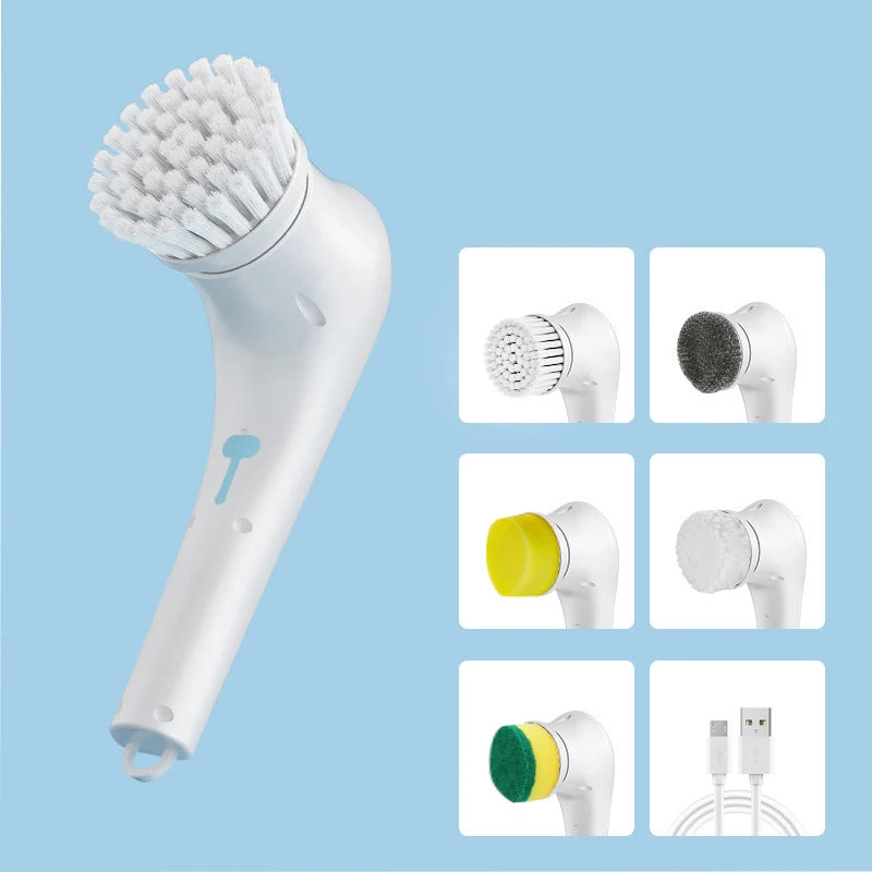 Escova de limpeza multifuncional branca – 5 cabeças intercambiáveis – Escova elétrica para casa, cozinha e banheiro