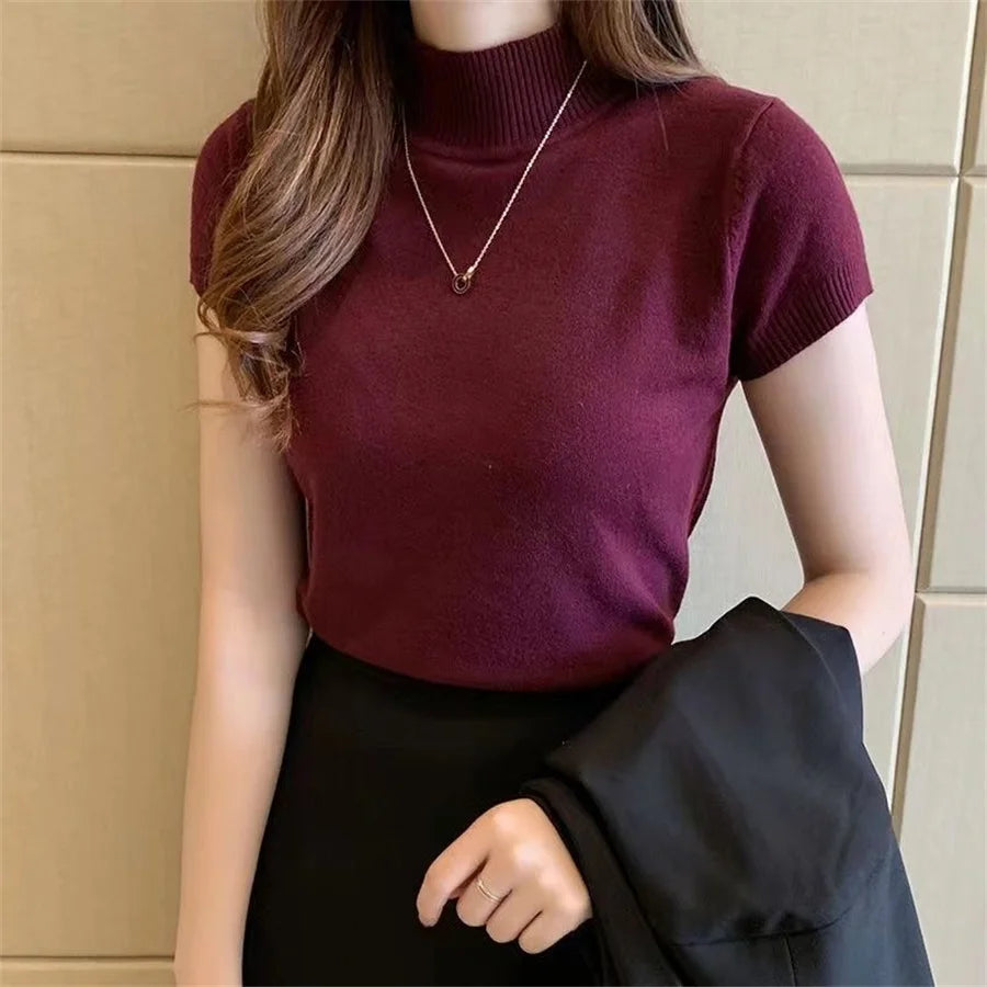 Moda Mulher Blusas Manga Curta Verão Tops Blusa Mulheres Gola Alta Blusa De Malha Camisa Mulheres Tops Blusas DF4908