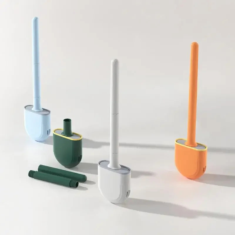 Escova de banheiro de silicone suspensa – Cabo longo e flexível – Escova de limpeza com suporte de secagem rápida – Acessório prático para banheiro