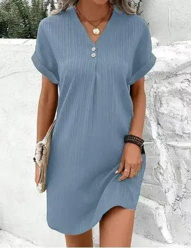 Vestido feminino solto com decote em v, manga curta, roupas de praia largas, vestido de verão monocromático, moda feminina