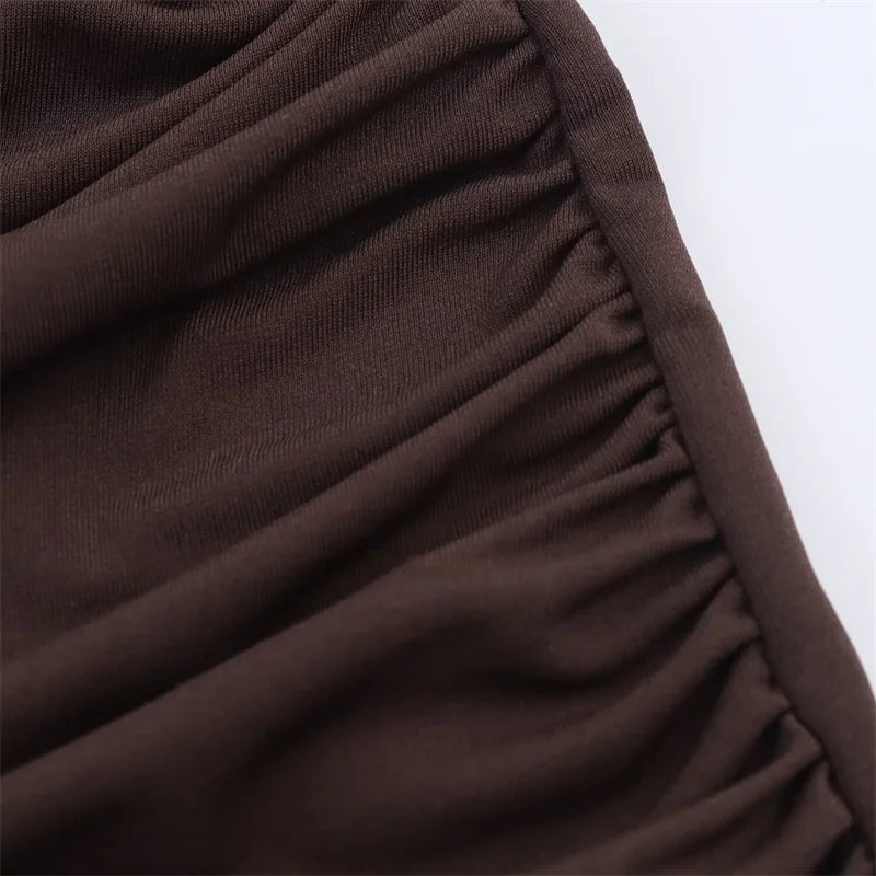 Vestido feminino outono 2025 novo marrom escuro gola halter sem mangas vestido tridimensional decoração de flores elegante temperamento