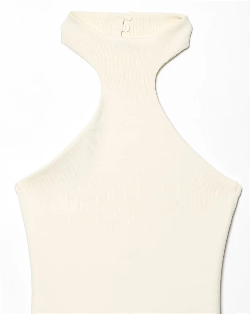 Vestido feminino novo verão 2025 branco halterneck painéis vestido sexy fora do ombro design elegante temperamento personalidade