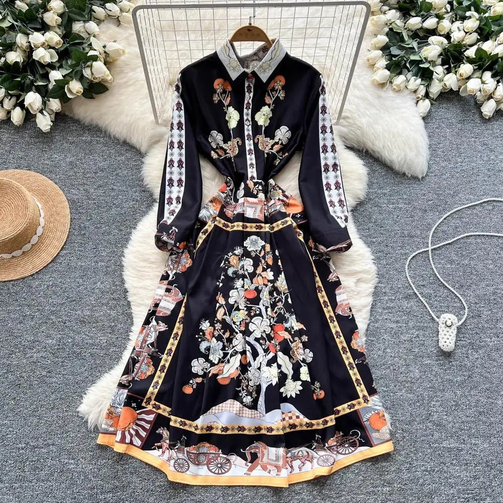 Moda high-end sentimento vestido elegante estilo tribunal europeu longo impresso emagrecimento novo design feminino sensação retro verão