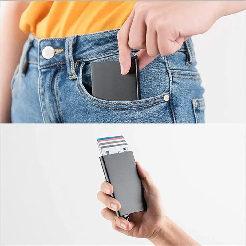 Rfid carteira inteligente titular do cartão de metal fino homens mulheres carteiras pop up minimalista carteira pequena bolsa preta valete walets para homem