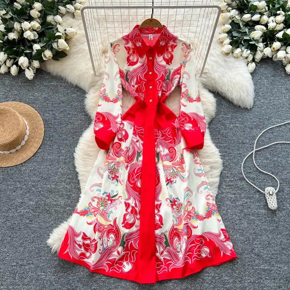 Moda high-end sentimento vestido elegante estilo tribunal europeu longo impresso emagrecimento novo design feminino sensação retro verão