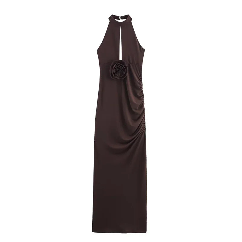 Vestido feminino outono 2025 novo marrom escuro gola halter sem mangas vestido tridimensional decoração de flores elegante temperamento