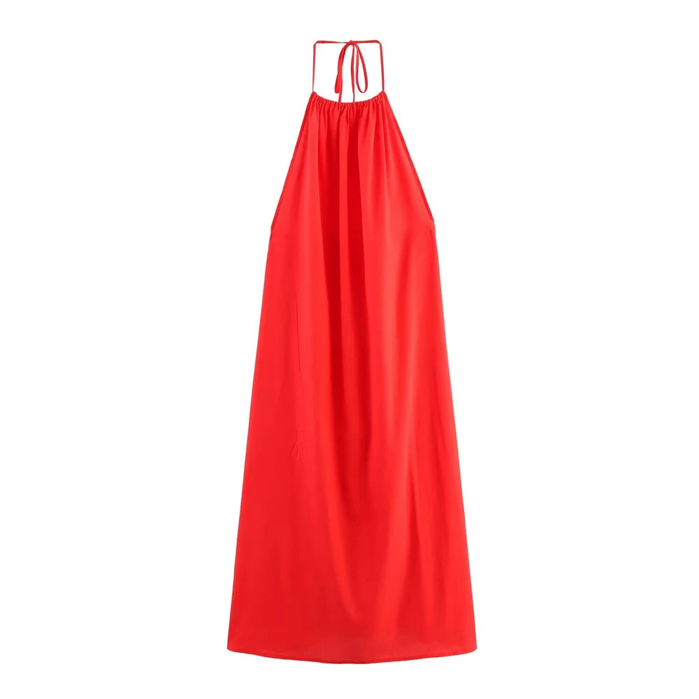 Vestido feminino 2025 nova moda verão vermelho halterneck sem costas vestidos para mulheres elegante chique senhoras vestido