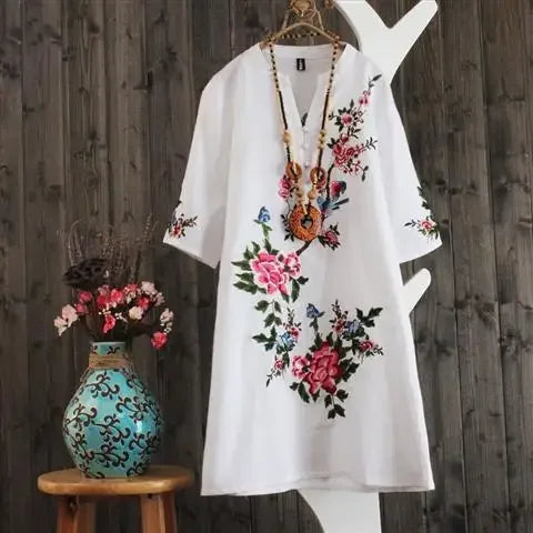 Vestido bordado feminino, Saia solta de manga curta, Vestidos verão