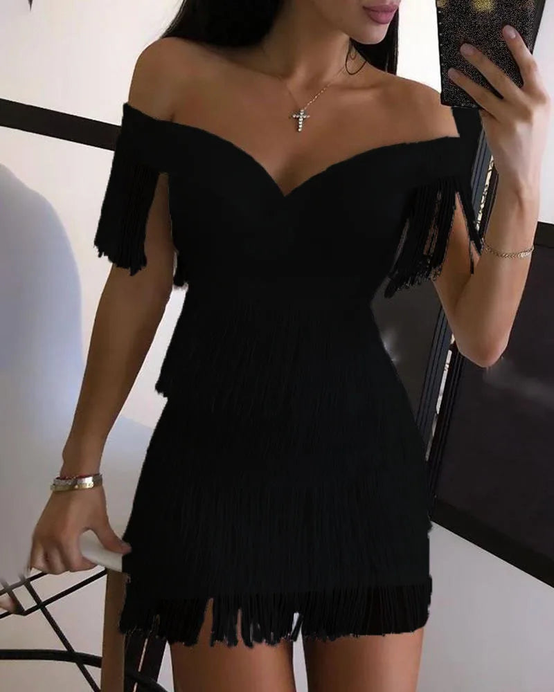 Mulheres vestidos de noite sexy grande decote em v um ombro franjas saia senhoras temperamento vestido fino manga curta clube vestido vestidos