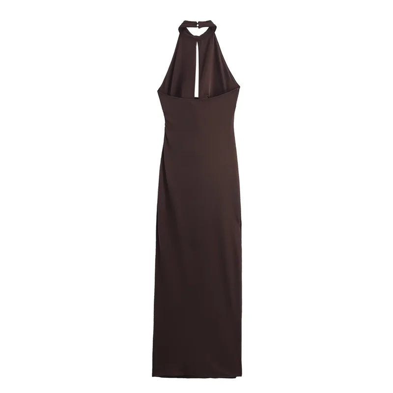 Vestido feminino outono 2025 novo marrom escuro gola halter sem mangas vestido tridimensional decoração de flores elegante temperamento