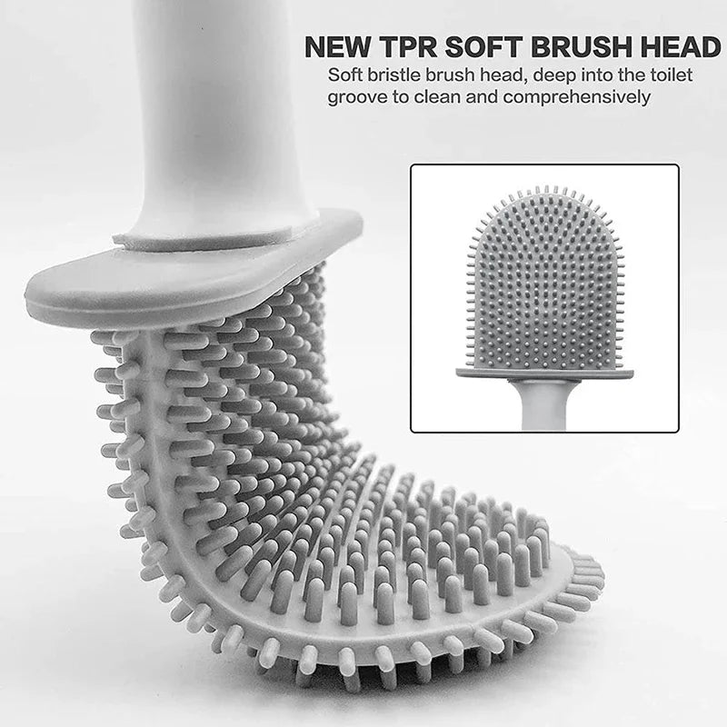 Escova de banheiro de silicone suspensa – Cabo longo e flexível – Escova de limpeza com suporte de secagem rápida – Acessório prático para banheiro