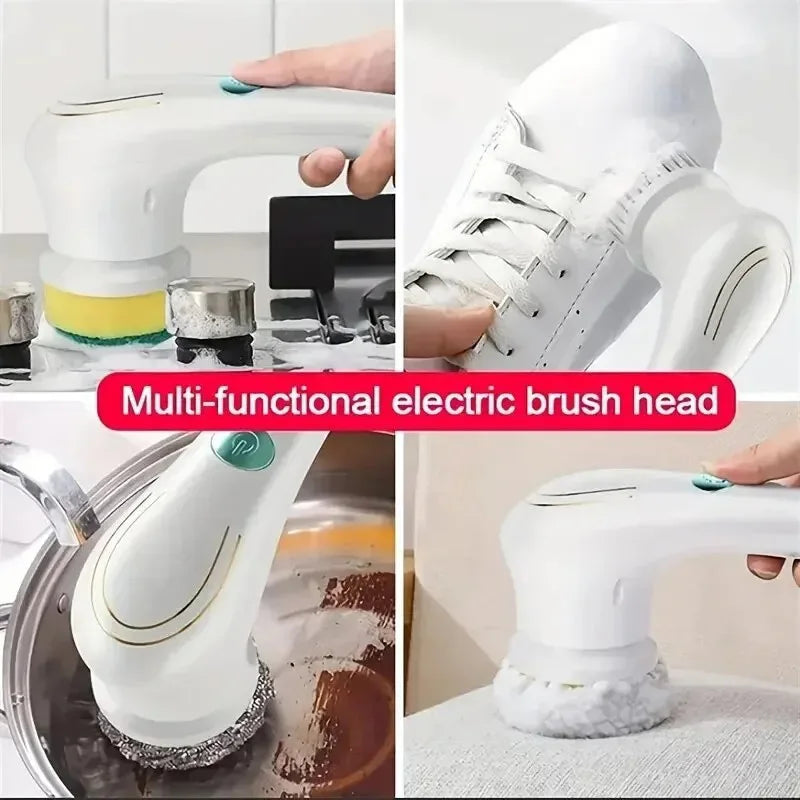 Escova de limpeza multifuncional branca – 5 cabeças intercambiáveis – Escova elétrica para casa, cozinha e banheiro