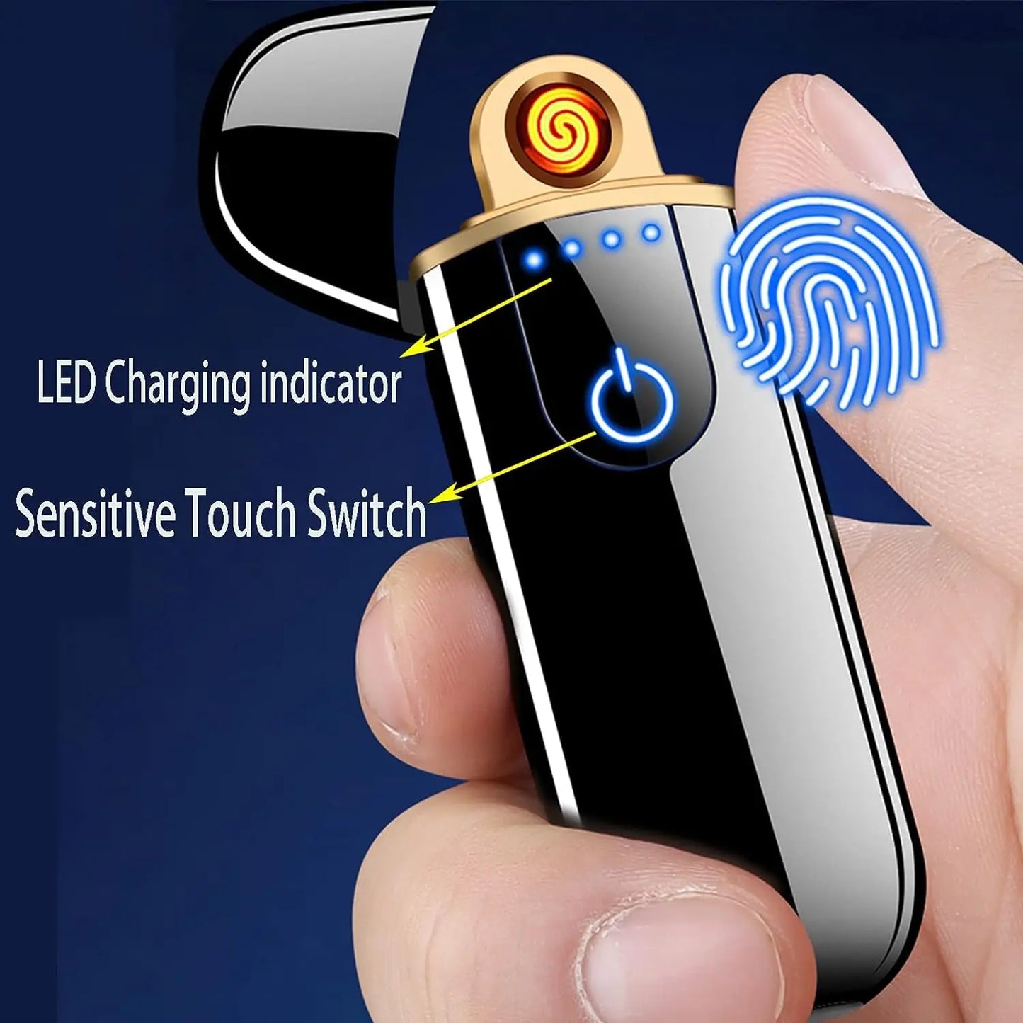 Isqueiro eletrônico inteligente – USB recarregável com carregamento cíclico – Acendimento por toque, à prova de vento, sem chama, com indicador de energia – Ideal para presente