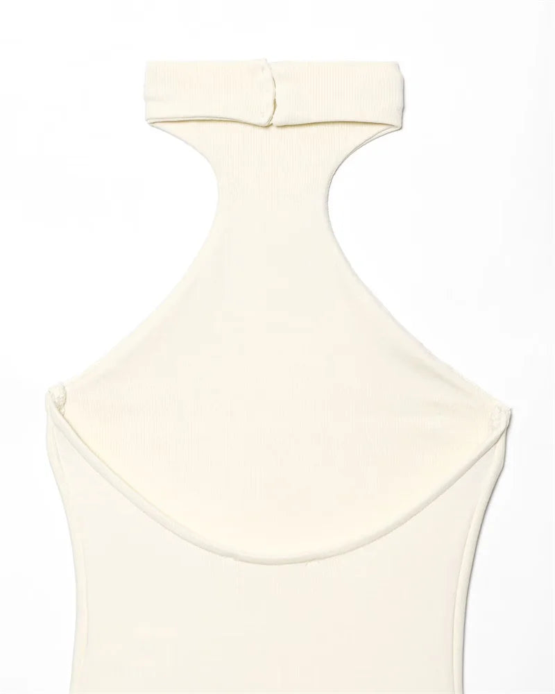 Vestido feminino novo verão 2025 branco halterneck painéis vestido sexy fora do ombro design elegante temperamento personalidade