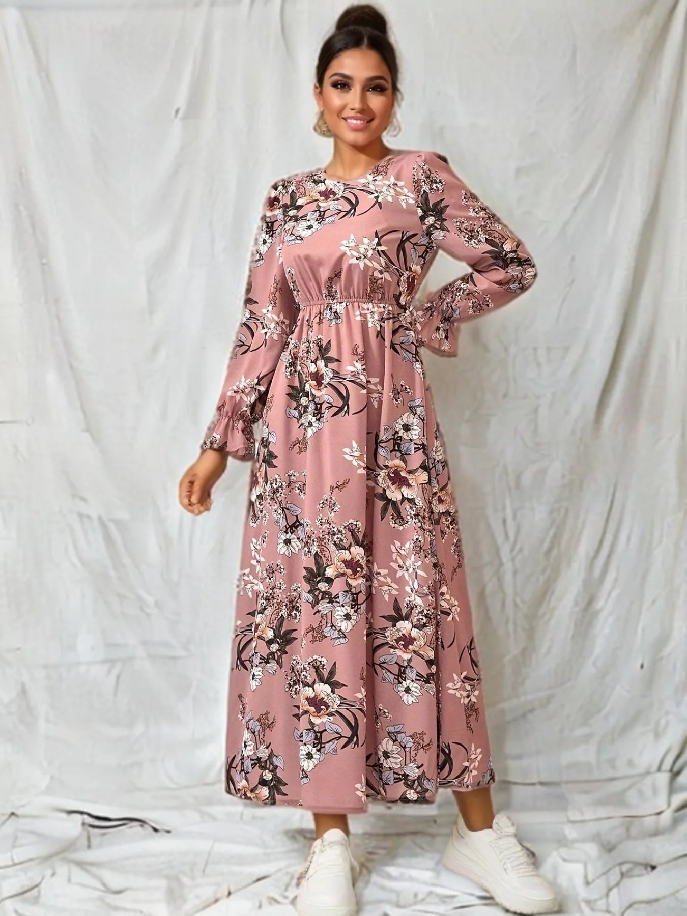 Feminino manga folhada com gola O Casual Vestido Longo, Eid, Vestidos Muçulmanos, Flores, Kaftan Marroquino, Vestido de Festa Ramadã, Árabe, Magro