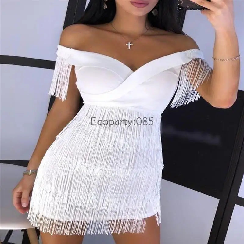 Mulheres vestidos de noite sexy grande decote em v um ombro franjas saia senhoras temperamento vestido fino manga curta clube vestido vestidos