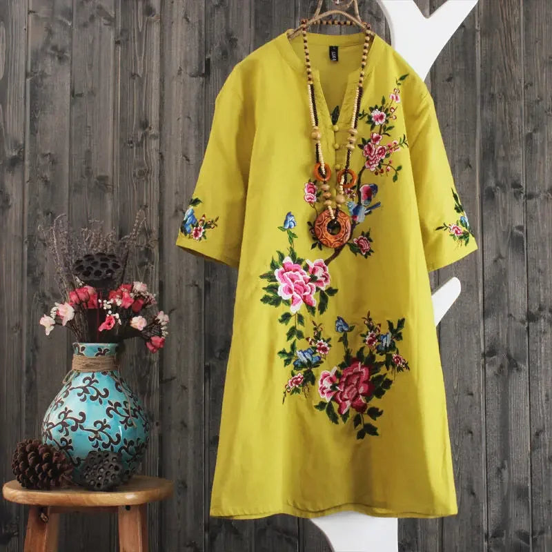 Vestido bordado feminino, Saia solta de manga curta, Vestidos verão