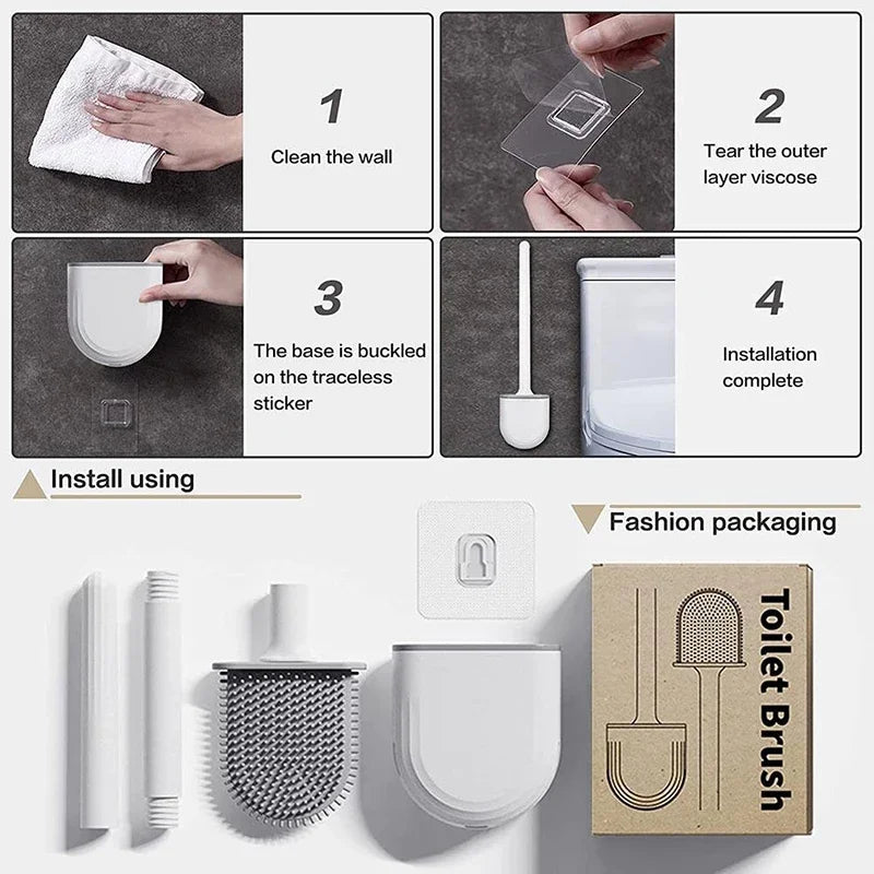 Escova de banheiro de silicone suspensa – Cabo longo e flexível – Escova de limpeza com suporte de secagem rápida – Acessório prático para banheiro