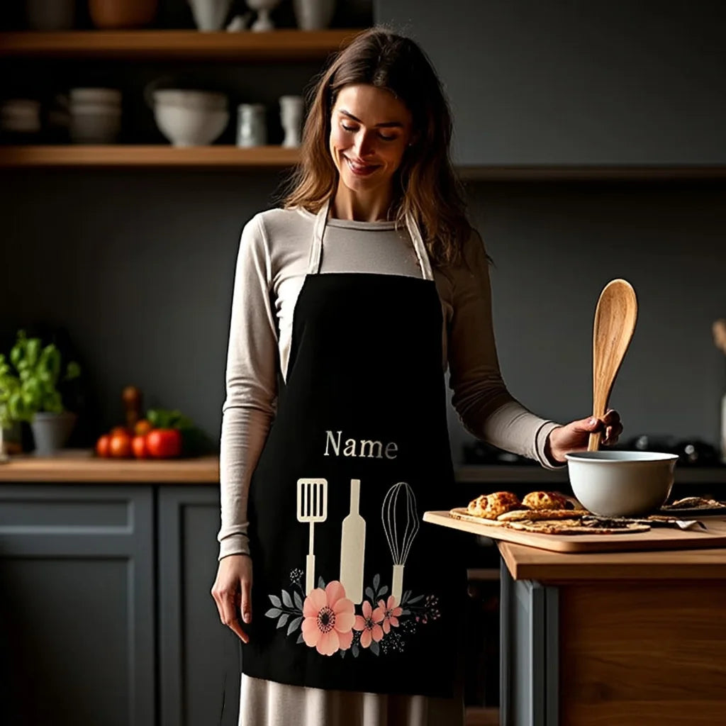 Aventais personalizáveis com nome ou texto – Estampa de flores, design artesanal – Ideal para cozinha, festas e trabalhos manuais, com estilo e personalidade para uso doméstico