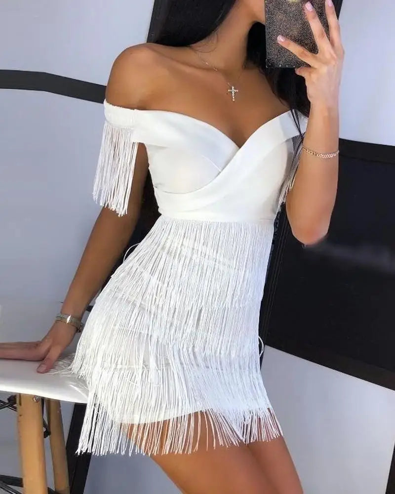Mulheres vestidos de noite sexy grande decote em v um ombro franjas saia senhoras temperamento vestido fino manga curta clube vestido vestidos