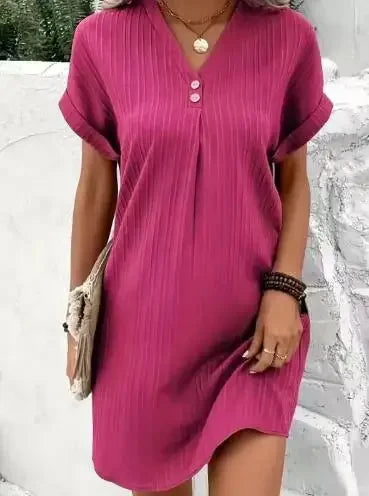 Vestido feminino solto com decote em v, manga curta, roupas de praia largas, vestido de verão monocromático, moda feminina