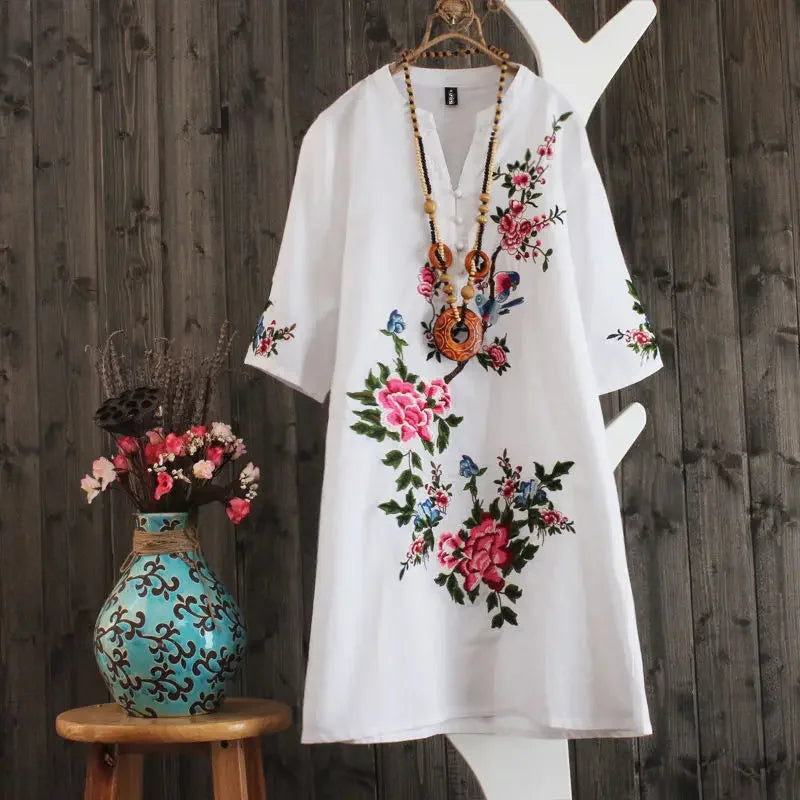 Vestido bordado feminino, Saia solta de manga curta, Vestidos verão