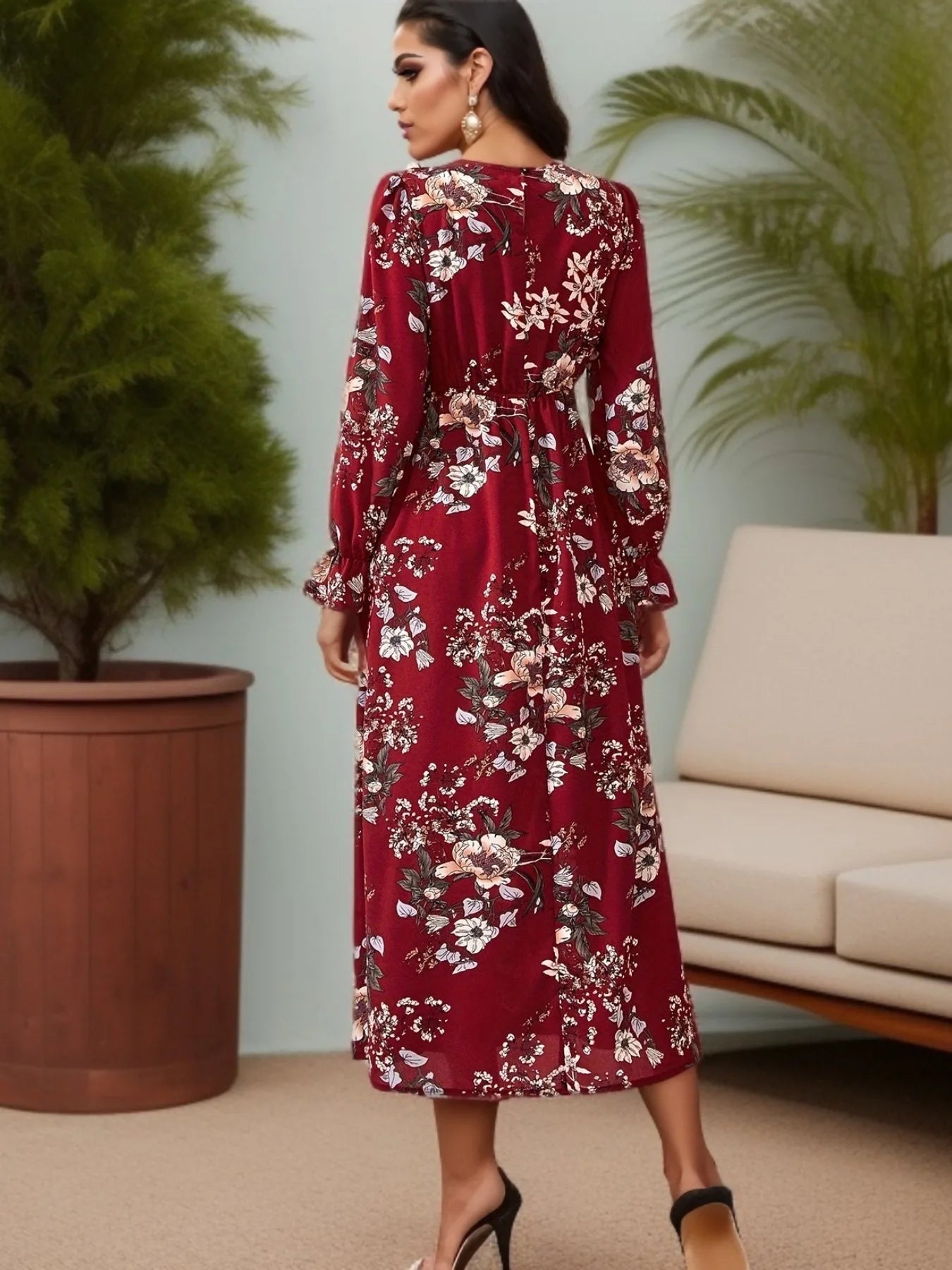 Feminino manga folhada com gola O Casual Vestido Longo, Eid, Vestidos Muçulmanos, Flores, Kaftan Marroquino, Vestido de Festa Ramadã, Árabe, Magro