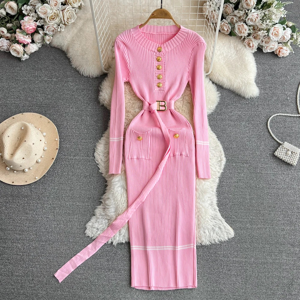 Vestido feminino 2025 outono inverno elegante costela malha longo lápis vestido com cinto senhora do escritório bodycon camisola vestido vestidos