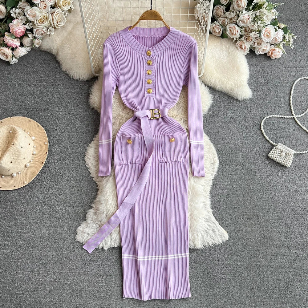 Vestido feminino 2025 outono inverno elegante costela malha longo lápis vestido com cinto senhora do escritório bodycon camisola vestido vestidos