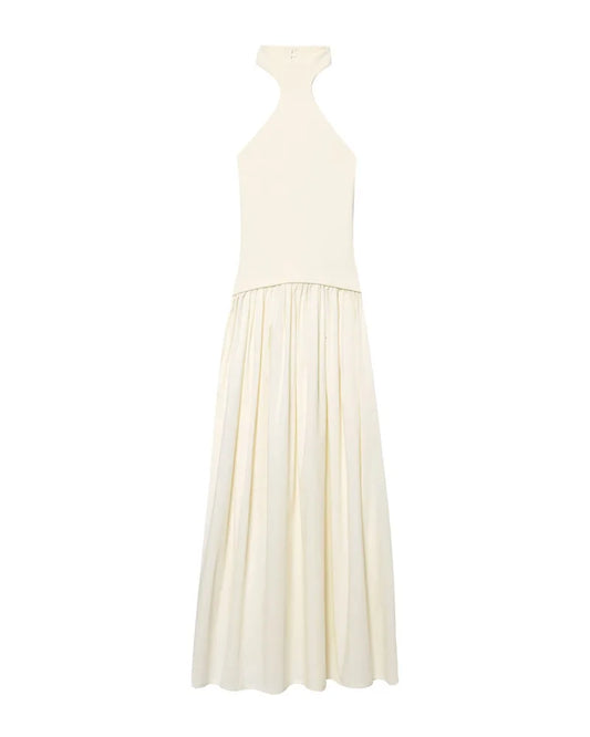 Vestido feminino novo verão 2025 branco halterneck painéis vestido sexy fora do ombro design elegante temperamento personalidade