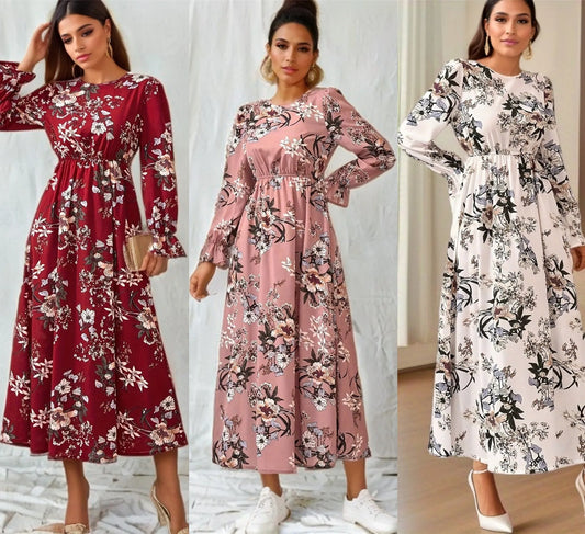 Feminino manga folhada com gola O Casual Vestido Longo, Eid, Vestidos Muçulmanos, Flores, Kaftan Marroquino, Vestido de Festa Ramadã, Árabe, Magro