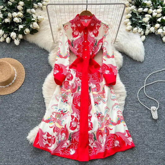 Moda high-end sentimento vestido elegante estilo tribunal europeu longo impresso emagrecimento novo design feminino sensação retro verão