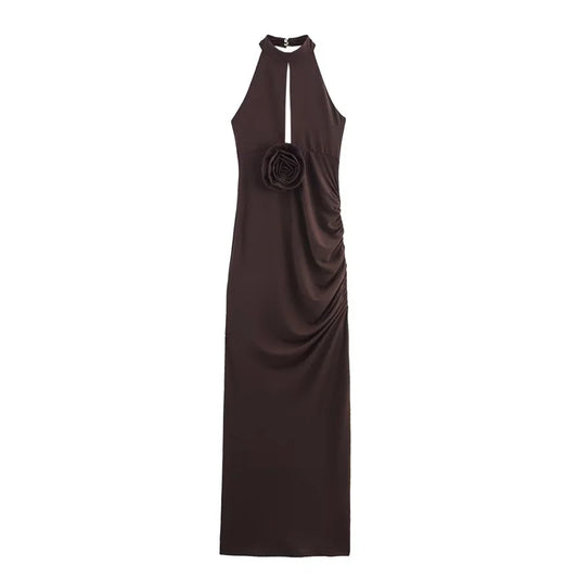 Vestido feminino outono 2025 novo marrom escuro gola halter sem mangas vestido tridimensional decoração de flores elegante temperamento