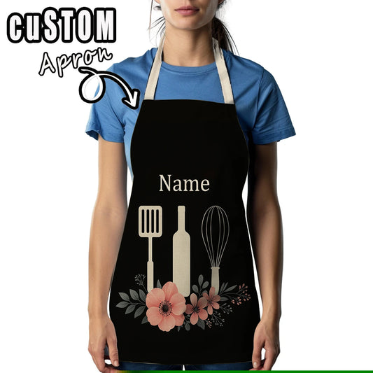Aventais personalizáveis com nome ou texto – Estampa de flores, design artesanal – Ideal para cozinha, festas e trabalhos manuais, com estilo e personalidade para uso doméstico